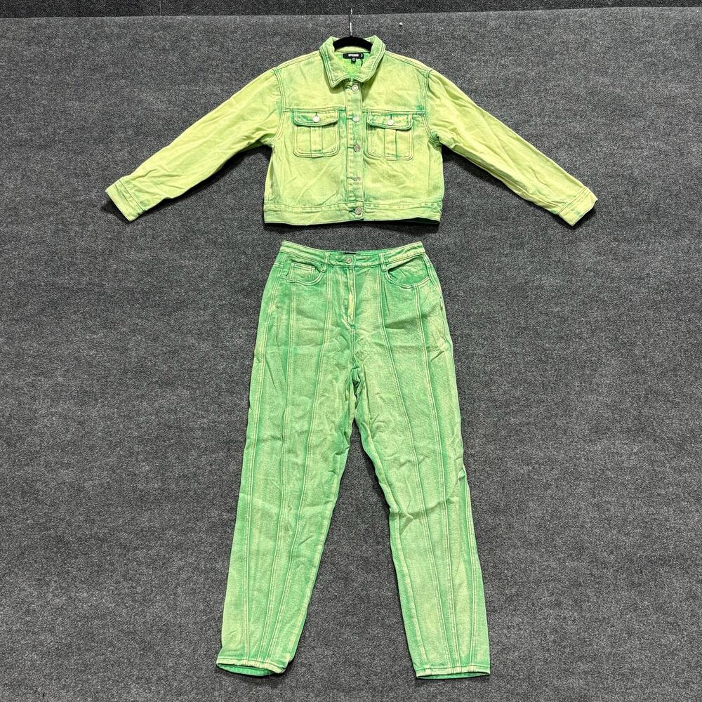 Missguided 2 Piece Jacket Jeans Set Womens 6 Green Denim Cropped High Waist